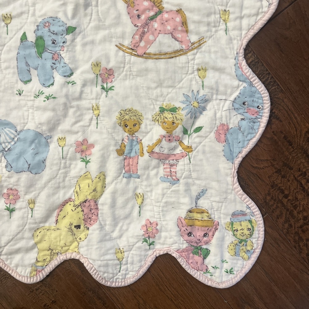 Vintage Baby Blanket Crib Quilt Pastel Boy GIrl Bunny  44x31" - Picture 2 of 8